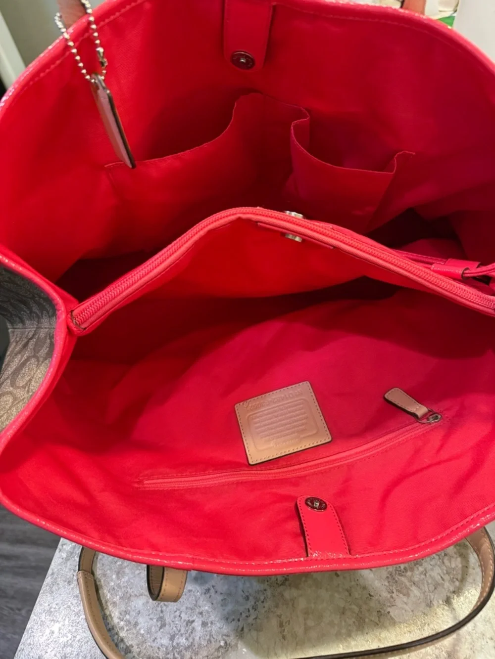 Coach Brown Signature Canvas Tote with Pink Stripe and Tan Trim